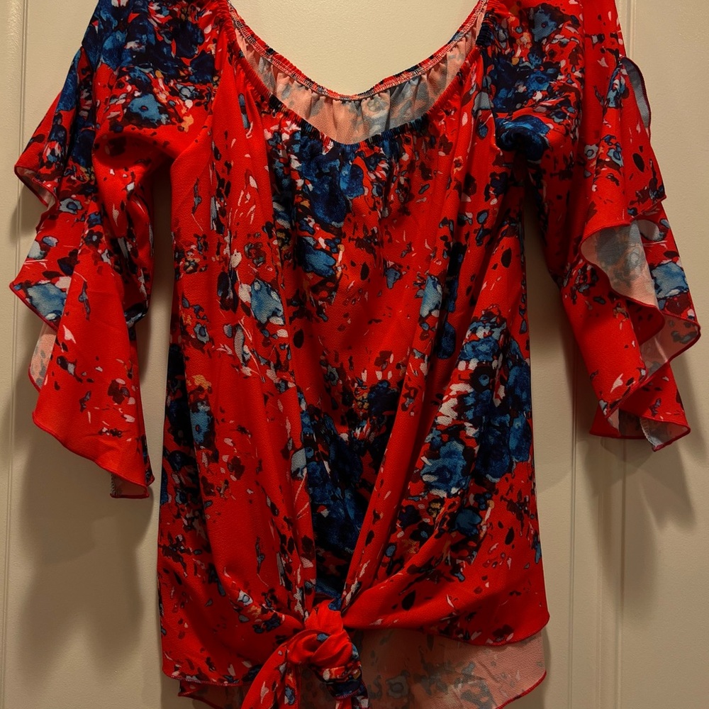 Floral Red and Blue Off the Shoulder Women's Top